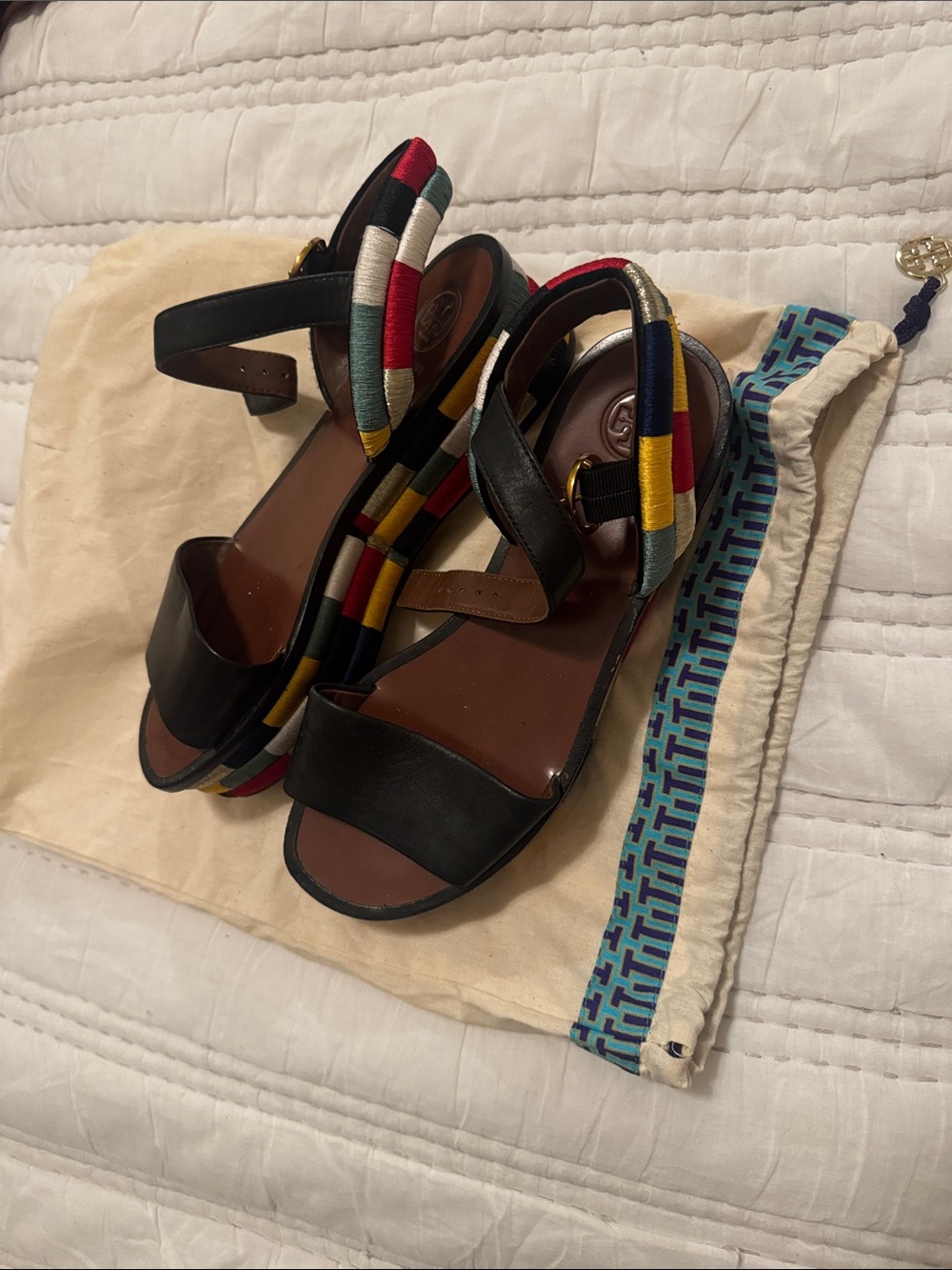 Tory Burch Black Leather Sandals with Multicolor Striped Platform